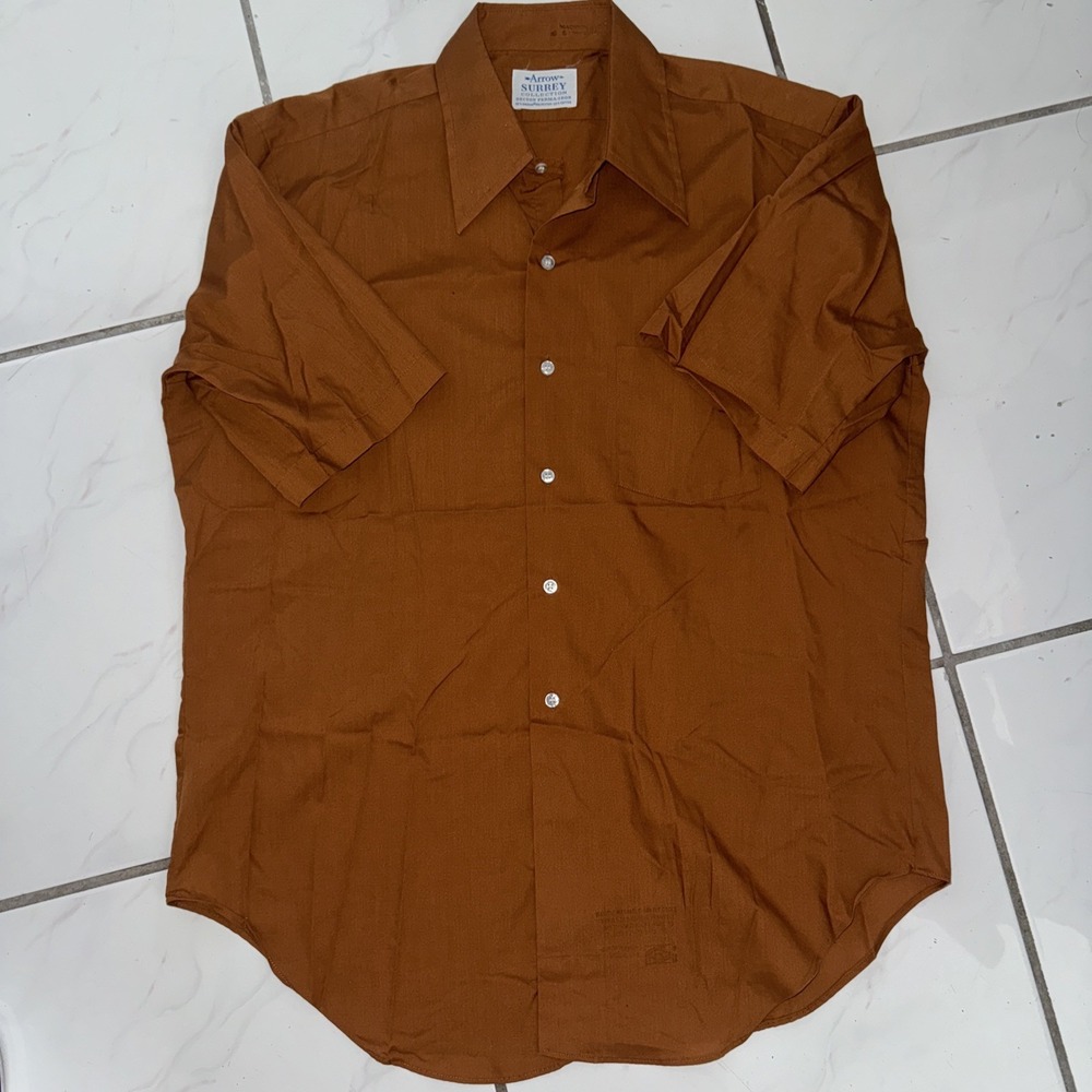 60s Arrow Surrey Vintage Button Up Shirt 16.5 USA Large Brown Rockabilly Camp